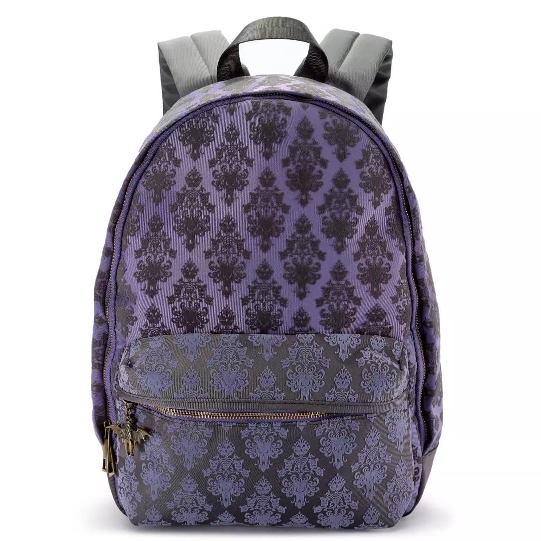 Purple and gray backpack with a black damask pattern from the Haunted Mansion Collection, shown against a white background.