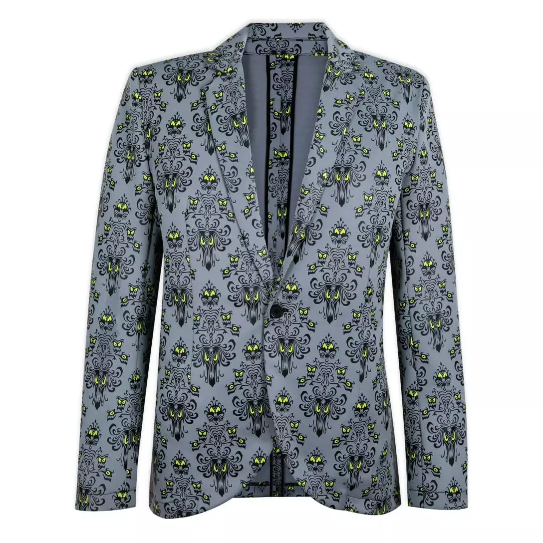 A gray blazer with a black ornate pattern and green-eyed skulls from the Haunted Mansion Collection.