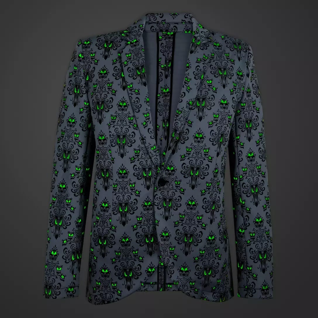 Gray blazer from the Haunted Mansion Collection with spooky skulls, tentacles, and eyes on a dark background.
