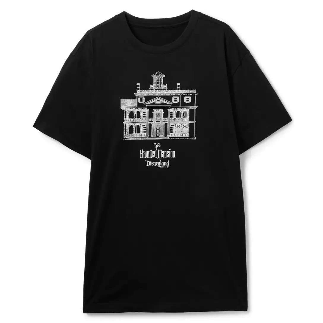 Black T-shirt featuring a white line drawing of the Haunted Mansion and the Disneyland logo, from the Haunted Mansion Collection.