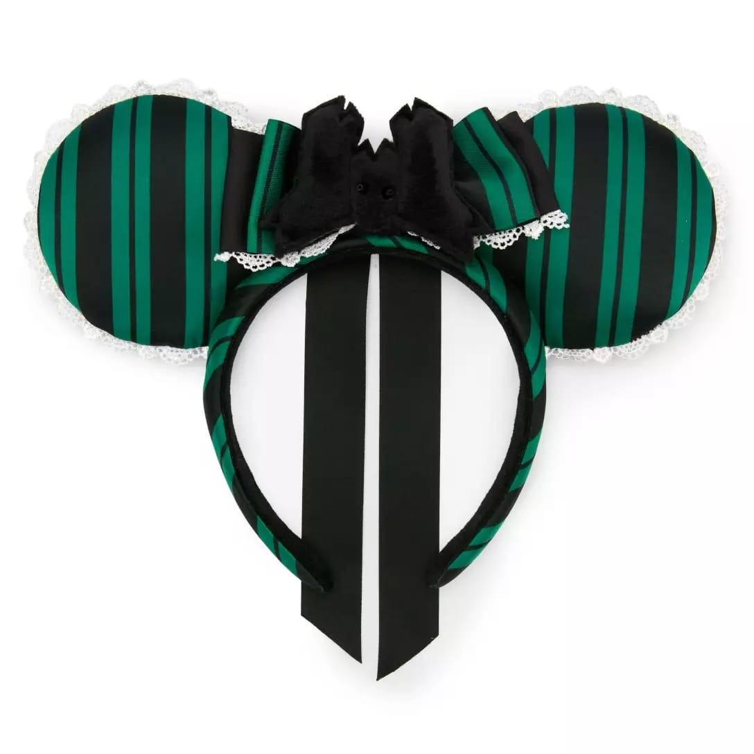 Green and black striped mouse ears headband with lace trim, inspired by the Haunted Mansion Collection at Disney Store.