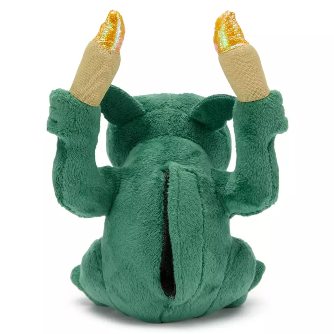 Plush green cat with arms raised, holding two yellow-orange flames, from the Disney Store Haunted Mansion Collection.