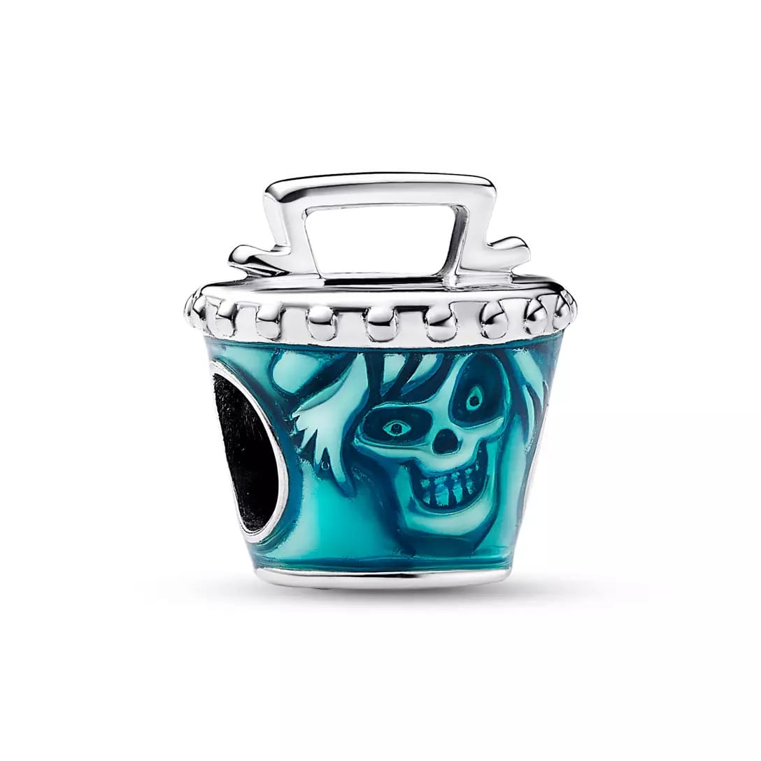 Silver bead charm shaped like a bucket with a spooky blue skull face, inspired by the Haunted Mansion Collection.