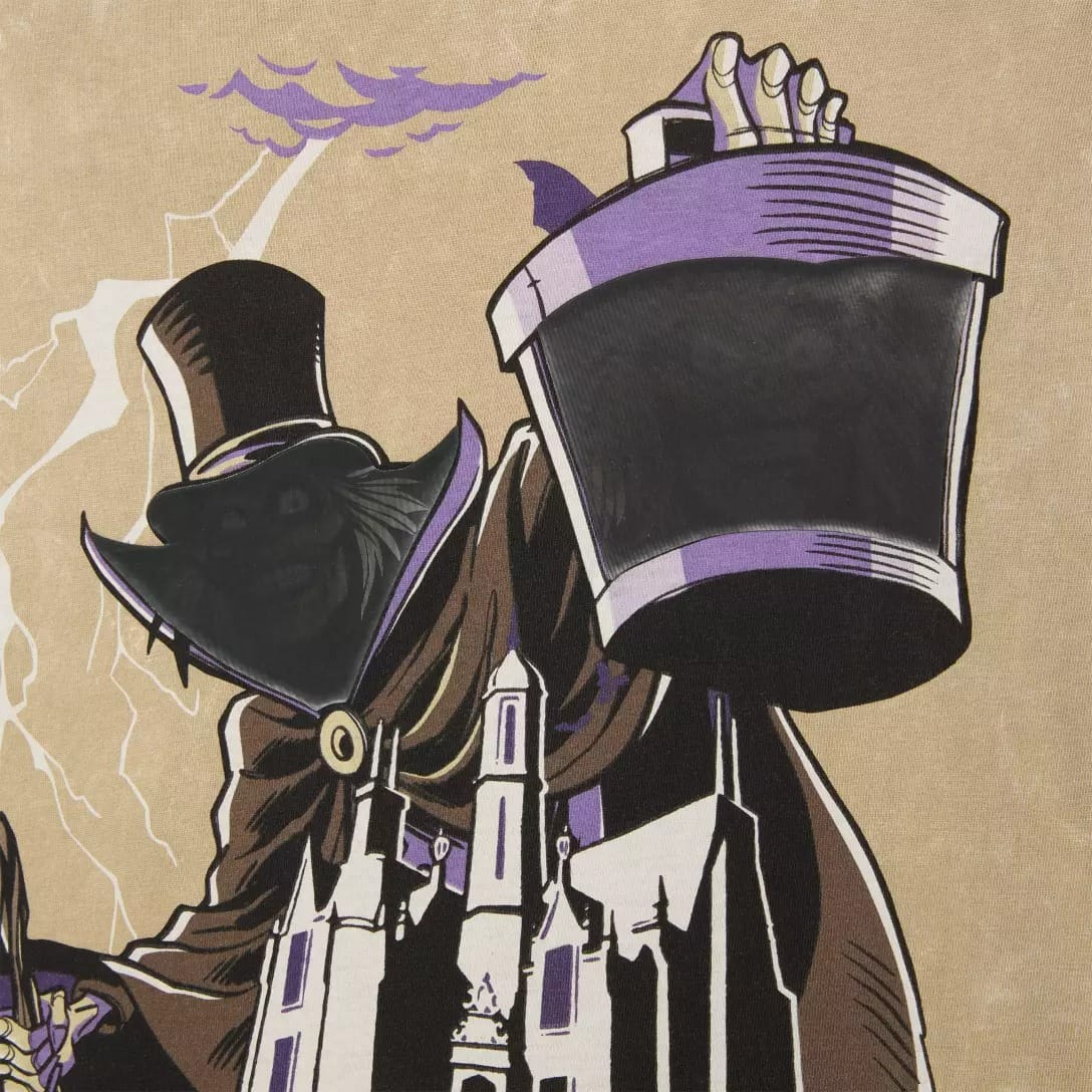 A sinister figure in a top hat holds a lantern; Haunted Mansion buildings and lightning loom in the background.