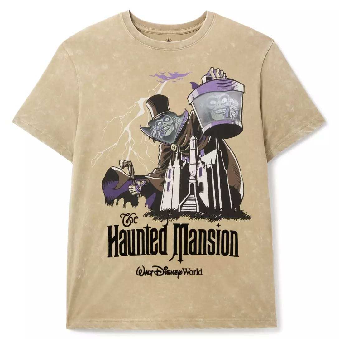 Tan t-shirt from the Haunted Mansion Collection, featuring Disney's Hatbox Ghost and mansion art, with “Walt Disney World” text.