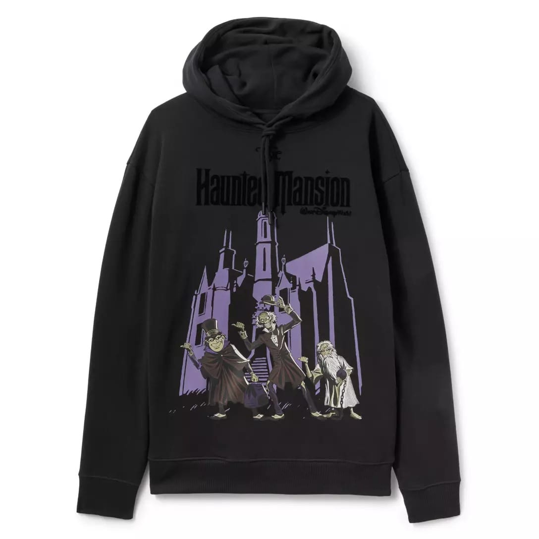 Black Haunted Mansion hoodie with three ghostly figures and a spooky mansion graphic from the Disney Store collection.
