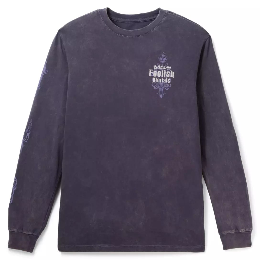 A faded black long-sleeve shirt from the Haunted Mansion Collection with "Welcome Foolish Mortals" and a purple design.