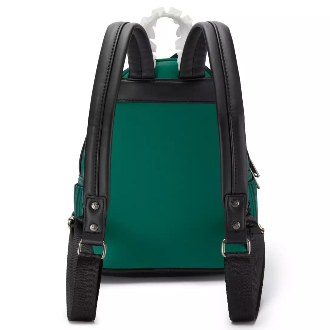 A green backpack with black straps and a white gear handle, part of the Haunted Mansion Collection at Disney Store.