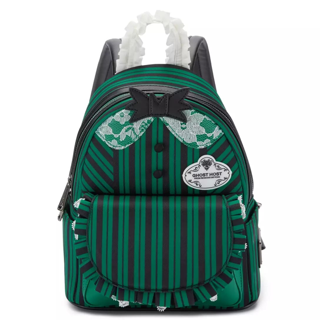 Green and black striped backpack with lace, a bow, frills, and a Haunted Mansion "Ghost Host" name tag on the front pocket.