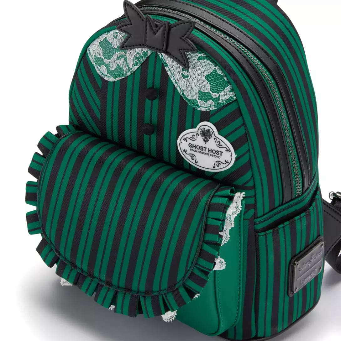 A green and black striped backpack with lace and ruffles, inspired by the Haunted Mansion Collection at Disney Store.