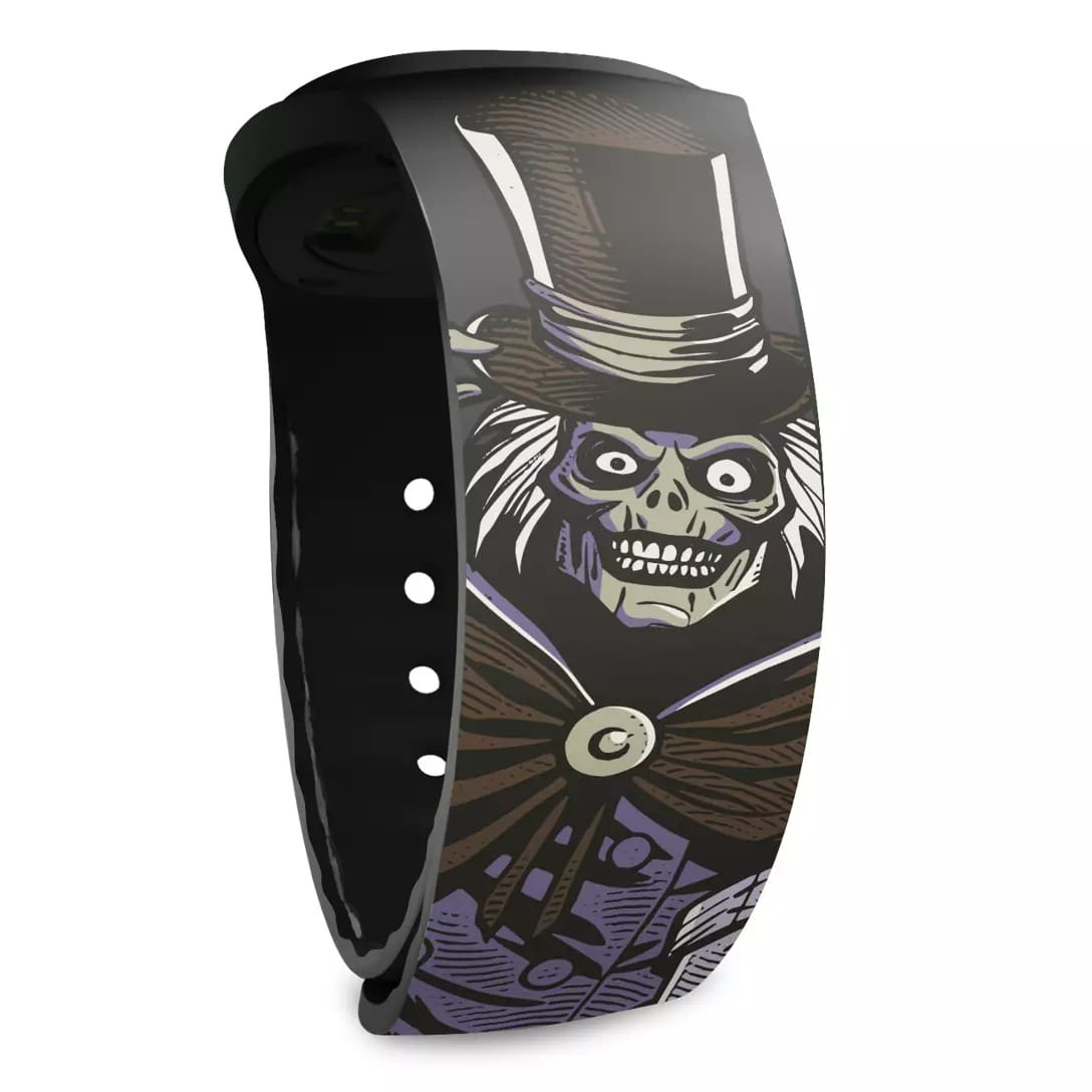 A wristband featuring a creepy skeleton in a top hat, inspired by the Haunted Mansion's dark, cartoonish style.