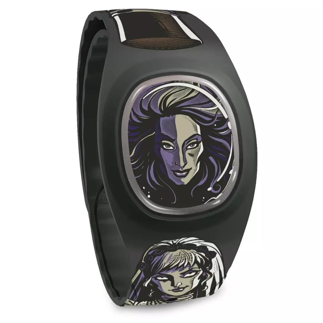 Black wristband from the Haunted Mansion Collection featuring two women with dramatic makeup and flowing hair in purple and white.