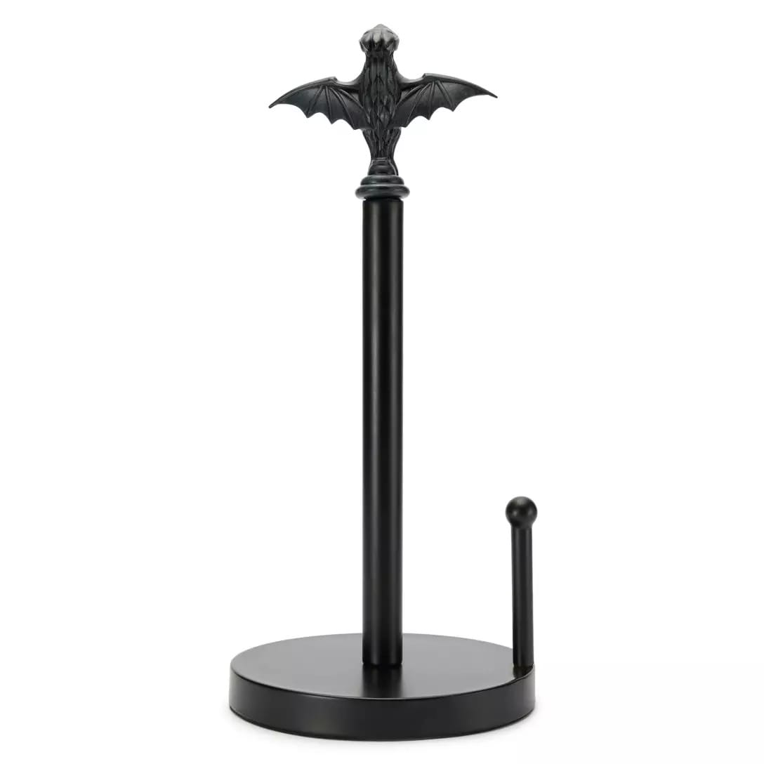 Black paper towel holder with a bat-shaped finial, inspired by the Haunted Mansion Collection at Disney Store.