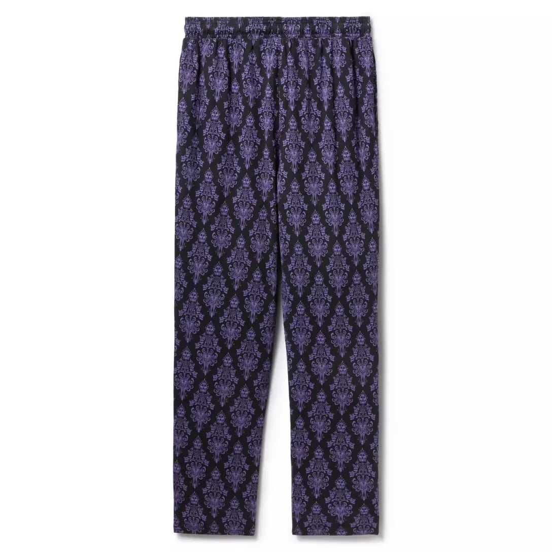 Purple pajama pants with a black damask pattern, inspired by Disney's Haunted Mansion Collection.
