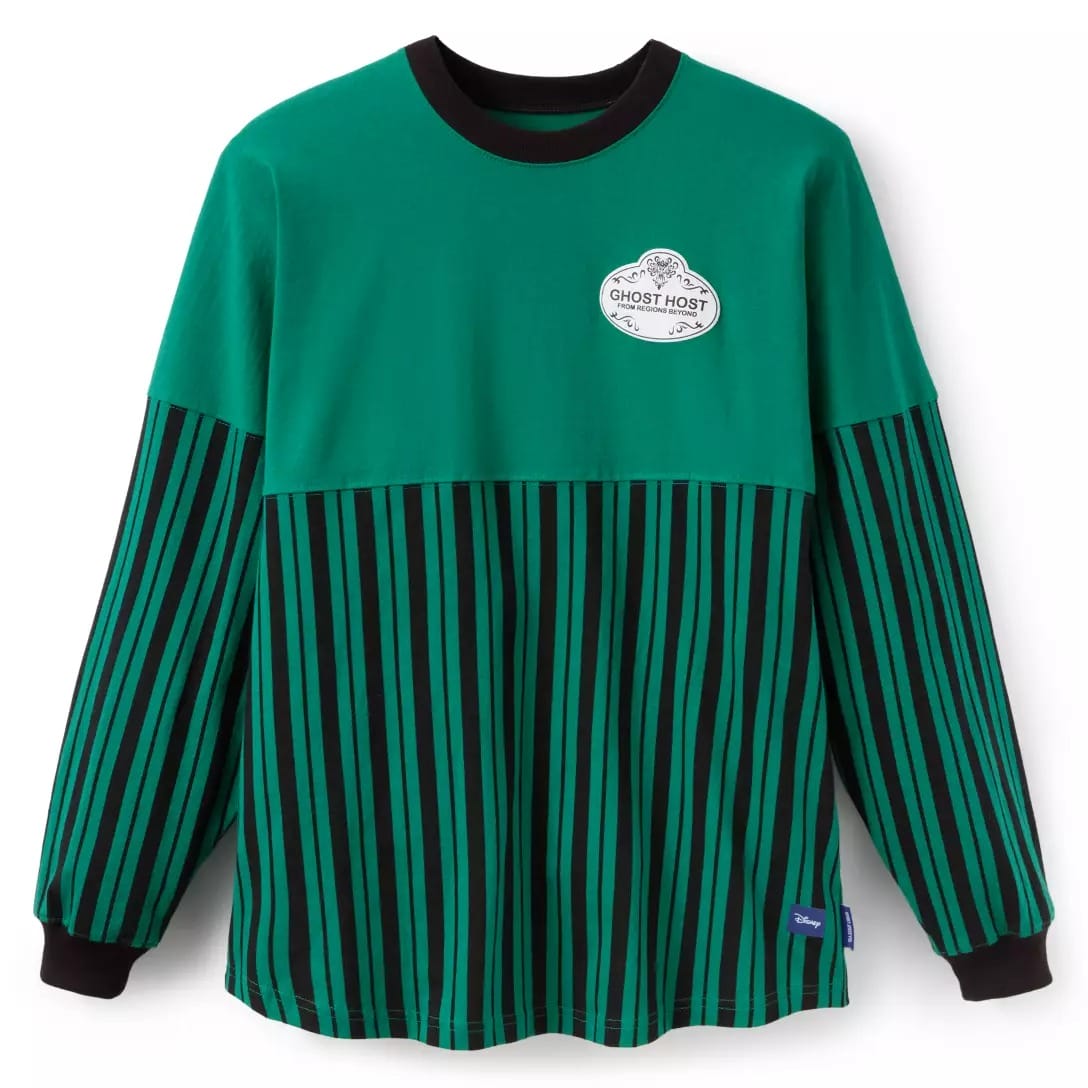 Green long-sleeve shirt from the Haunted Mansion Collection with stripes and "Ghost Host" badge, available at Disney Store.