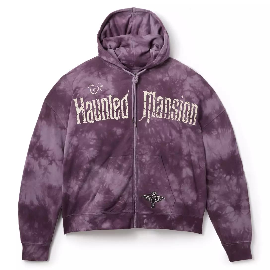 Purple tie-dye hoodie from the Haunted Mansion Collection with text on chest and bat graphic by Disney Store.