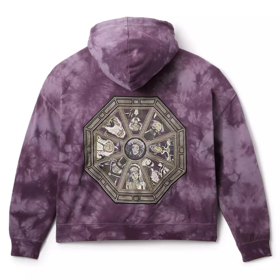 Purple tie-dye hoodie from the Haunted Mansion Collection with an ornate, medieval-style octagonal graphic on the back.