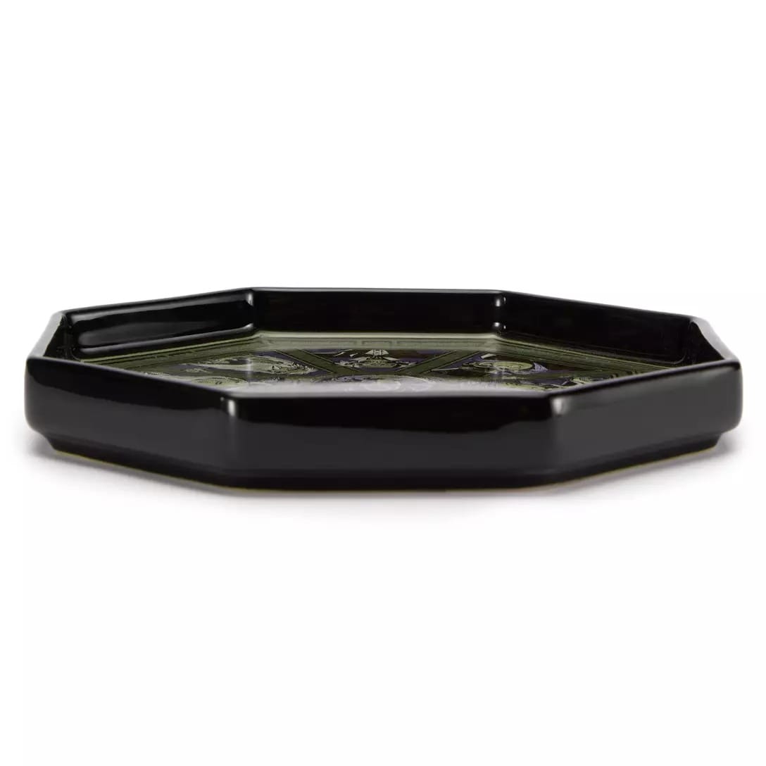 Black octagonal ceramic tray with a glossy finish from the Haunted Mansion Collection, viewed from the side.