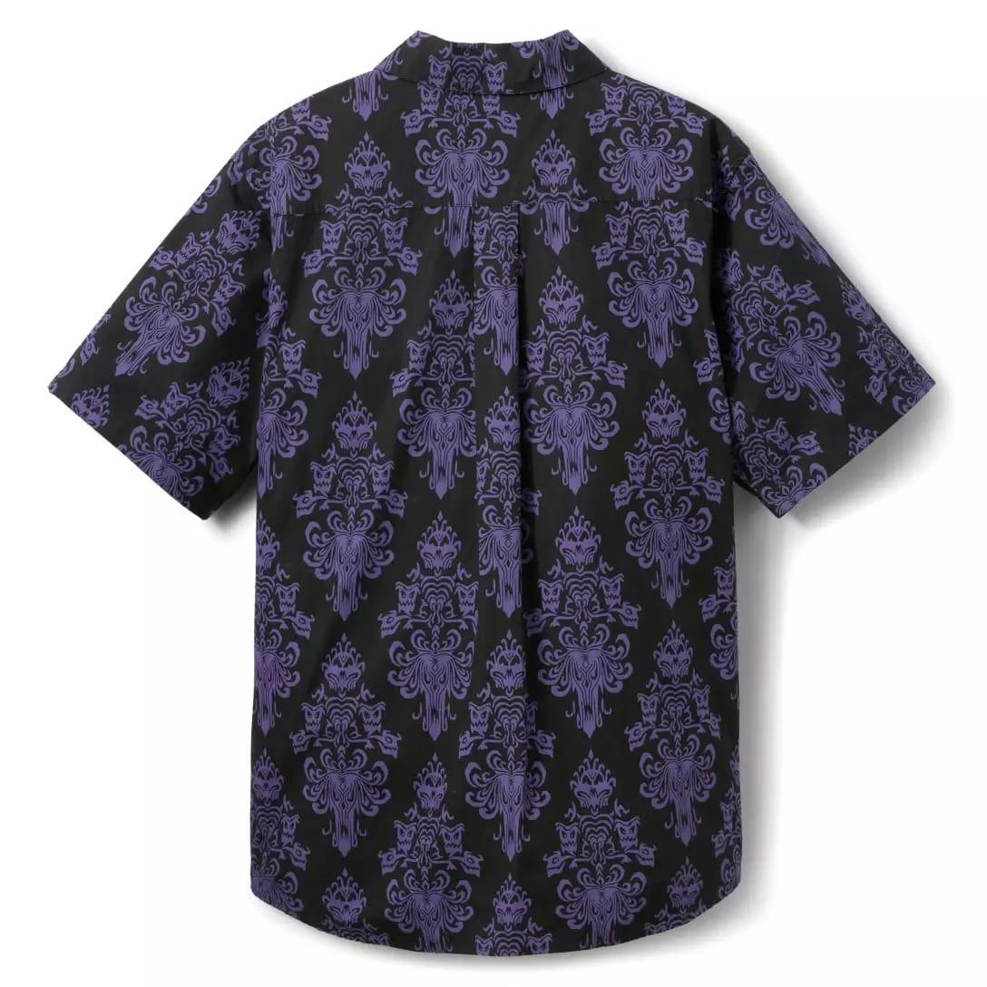 Short-sleeve button-up shirt from the Haunted Mansion Collection with a black background and ornate purple damask pattern.