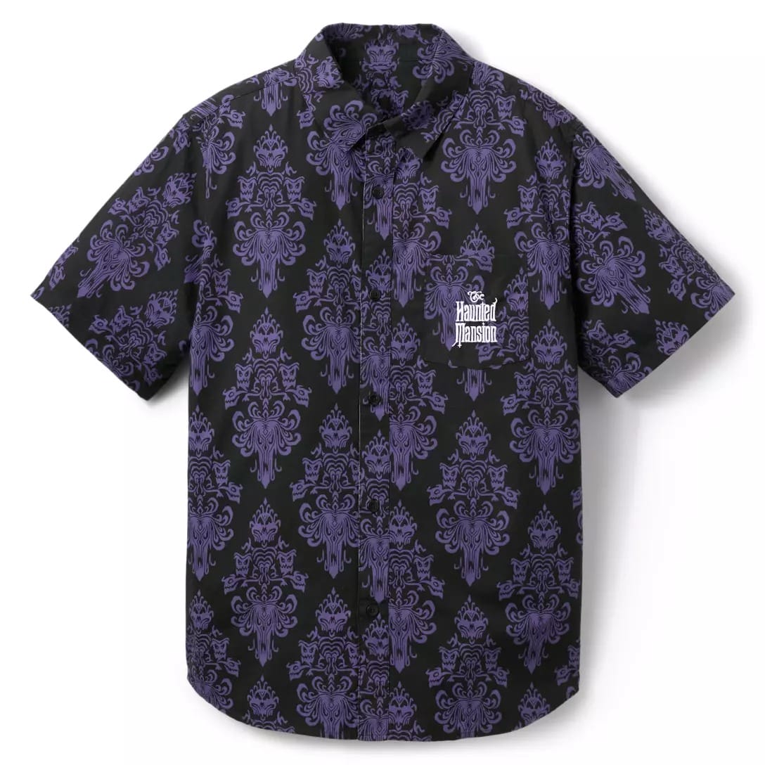 Short-sleeve button-up shirt from the Haunted Mansion Collection featuring purple wallpaper, exclusive at Disney Store.