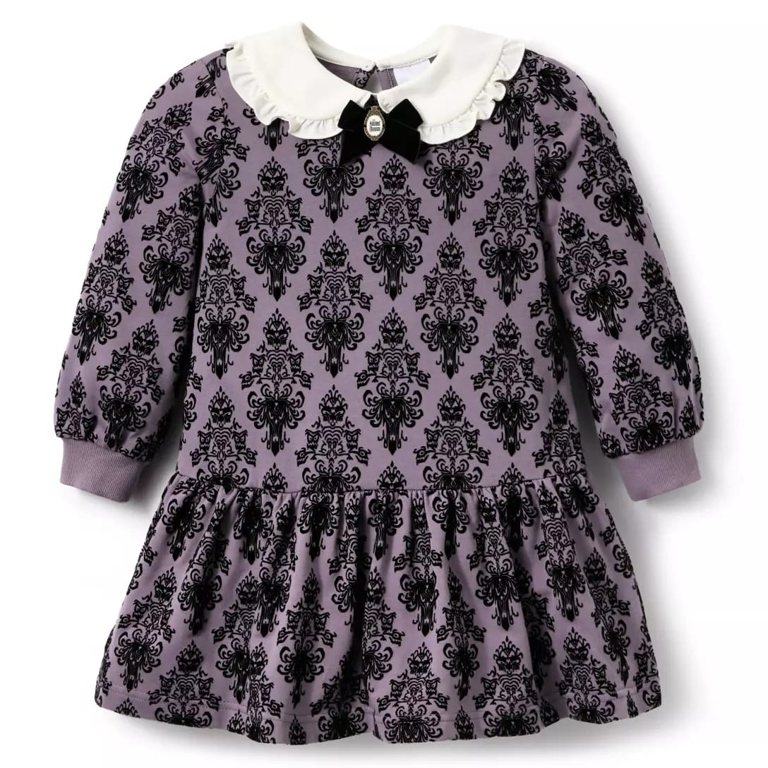 Purple long-sleeve dress with black damask pattern from the Haunted Mansion Collection, found at Disney Store.