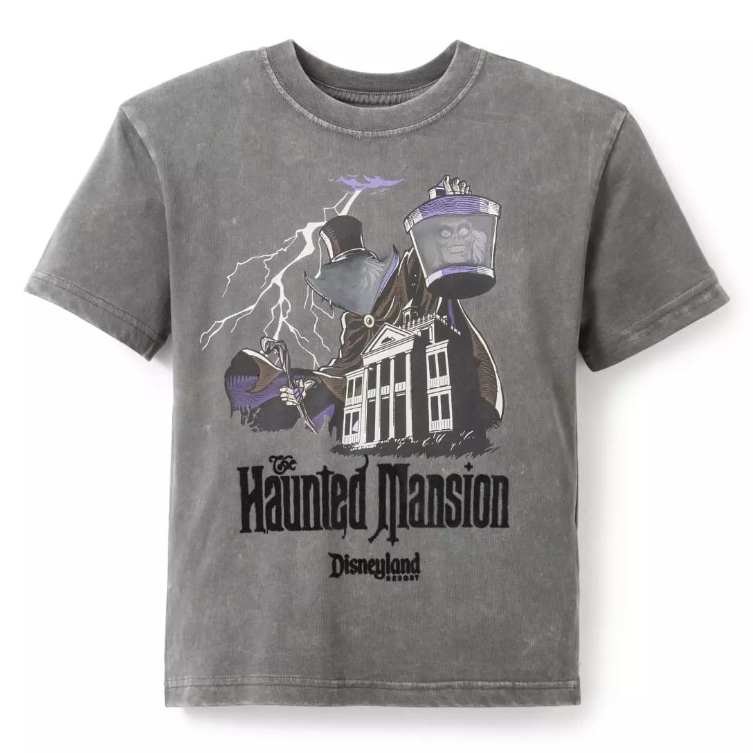 Gray Haunted Mansion t-shirt from the Disney Store featuring mansion, Hatbox Ghost, and lightning on the front.