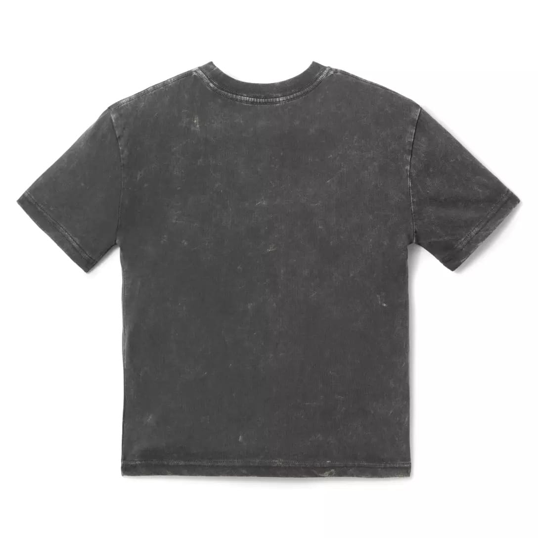 Back view of a plain, short-sleeve, faded black t-shirt from the Haunted Mansion Collection on white background.