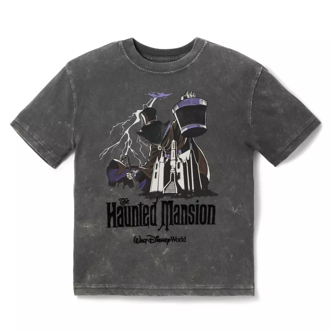 Black Haunted Mansion t-shirt from the Haunted Mansion Collection, featuring mansion, lightning, and Disney Store details.