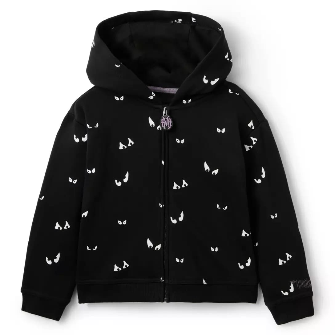 Black hoodie with white cartoon eyes; features front zipper and hood. Part of the Haunted Mansion Collection.