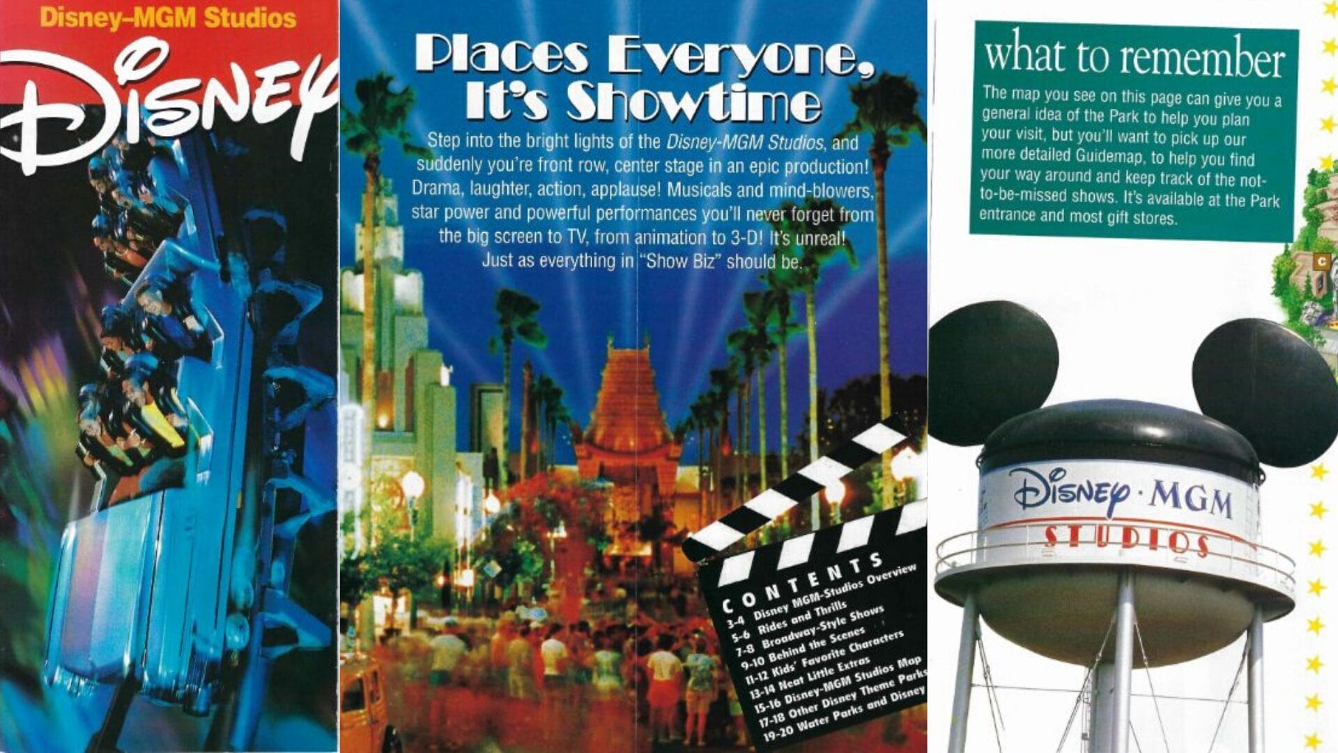 Collage of Disney-MGM Studios images showcasing Walt Disney World history, from the guide cover to the Mickey ear water tower.