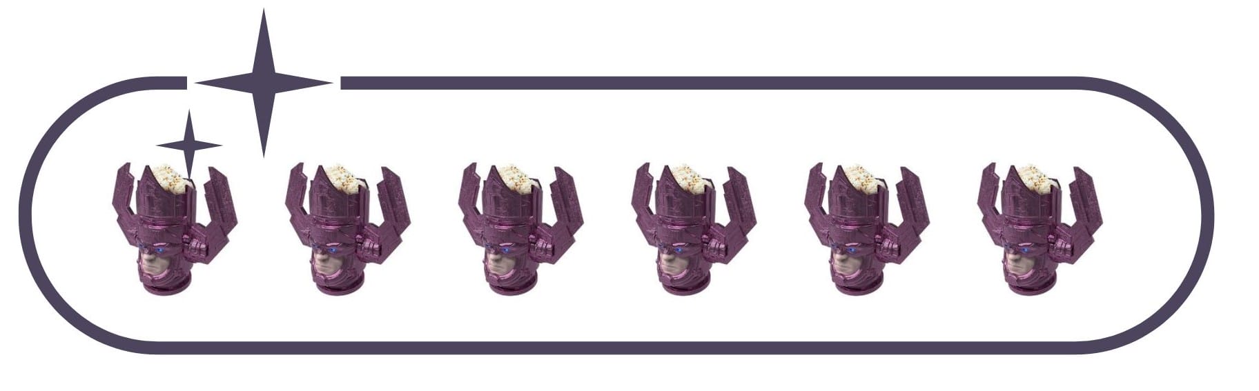 Six identical purple figurines in a row, perfect for a Fantastic Four review, enclosed in a rounded rectangle with stars.