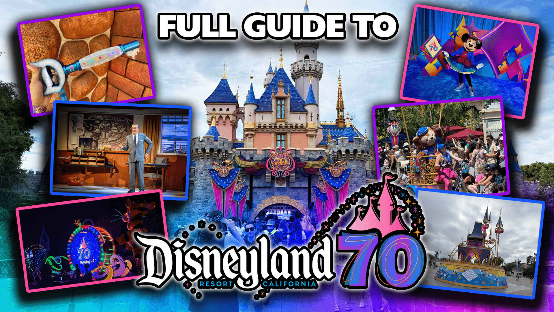 Collage of the Disneyland 70th Anniversary celebration with Sleeping Beauty Castle, parades, shows, and decorations.