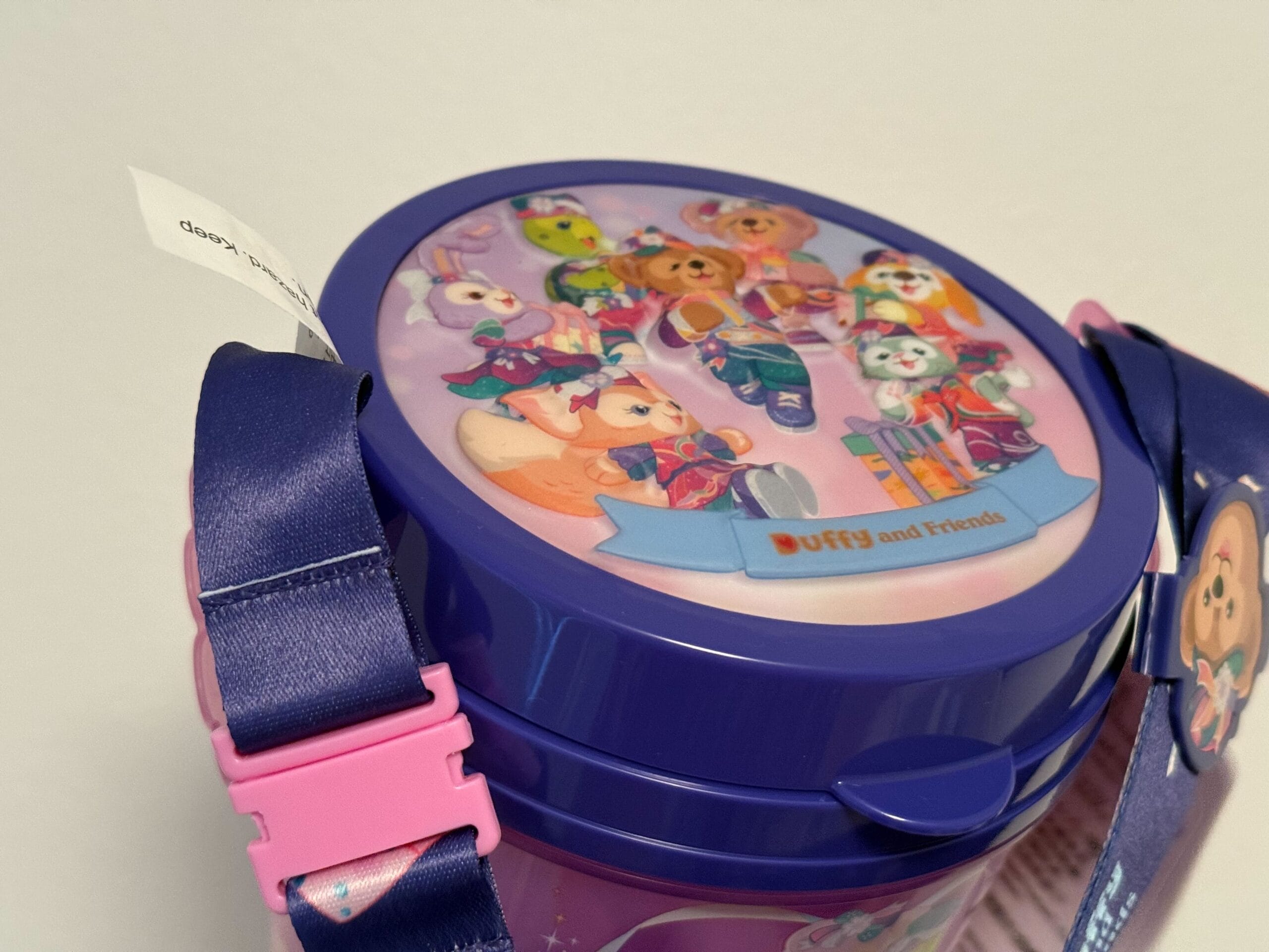 Purple container with a blue strap, decorated with cartoon animals labeled "Duffy and Friends" on the lid.