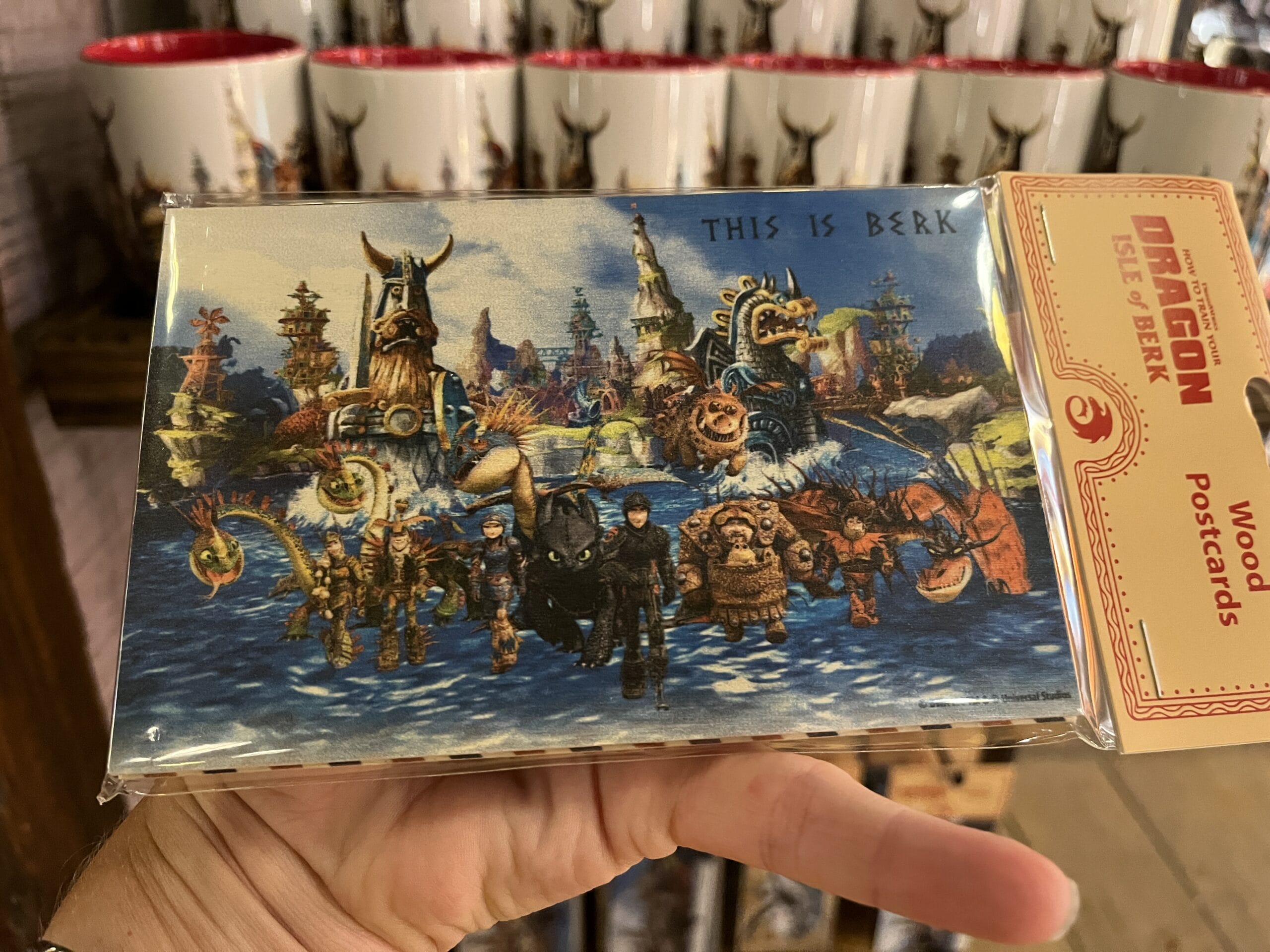 A hand holds a "How to Train Your Dragon" postcard from Hiccup's Work Shop, labeled "This is Berk.