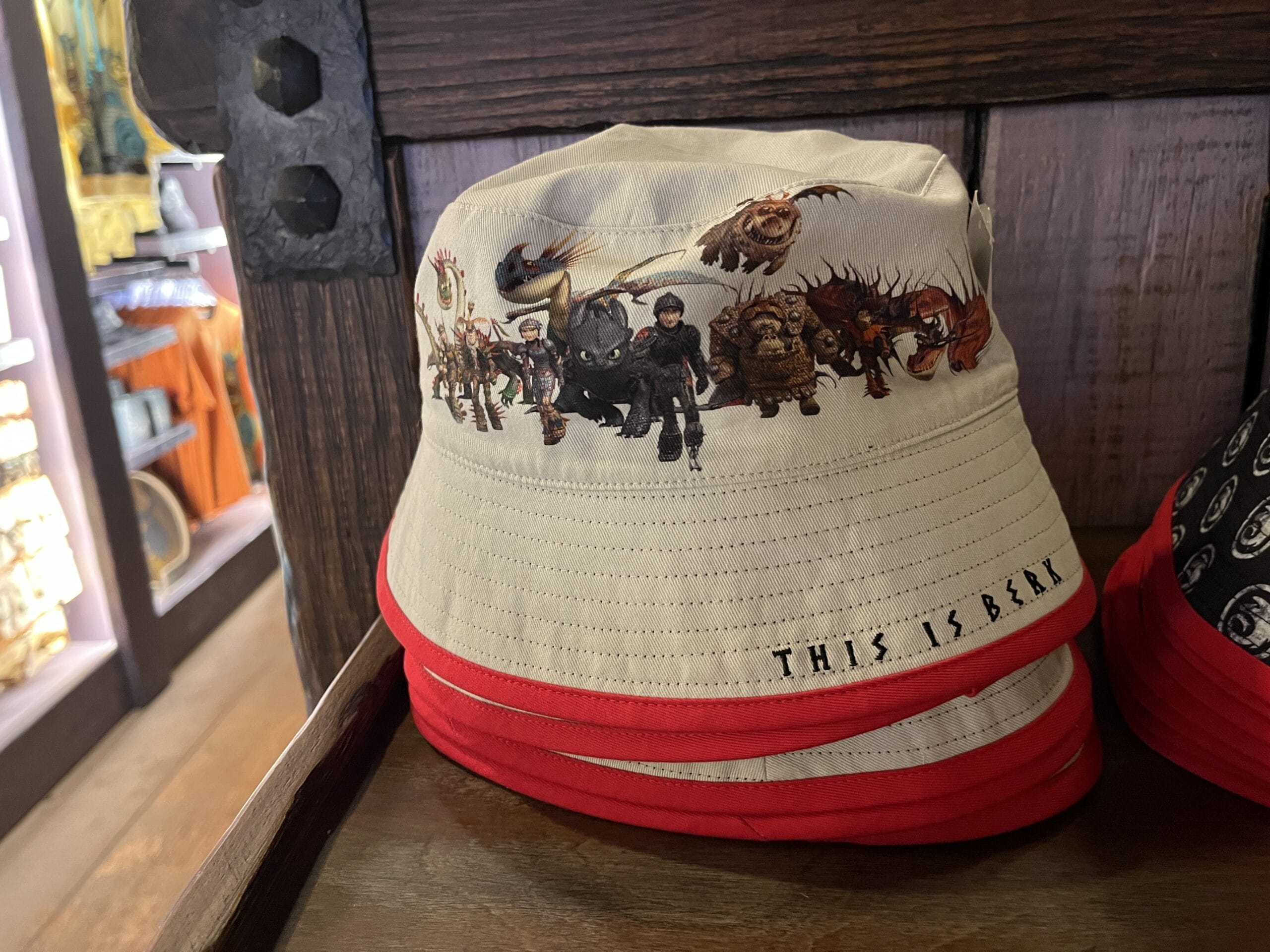Beige bucket hat with "How to Train Your Dragon" characters and "THIS IS BERK" text from Hiccup's Work Shop, on a wooden shelf.