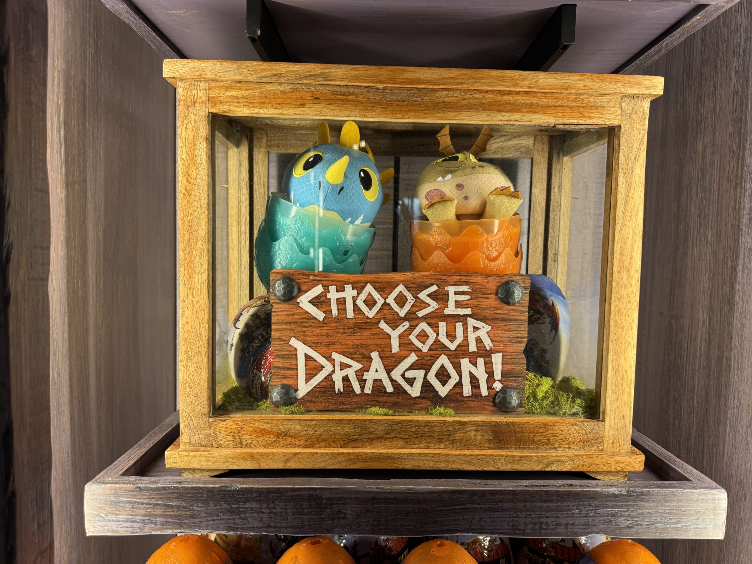 Two plush dragon toys in eggs are displayed in Hiccup's Work Shop with a sign that reads "Choose Your Dragon!