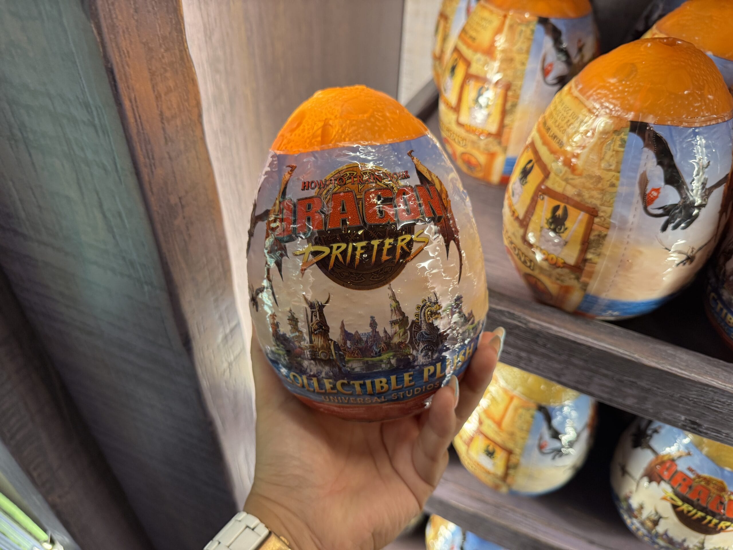 A hand holds a How to Train Your Dragon Drifters egg from Hiccup's Work Shop in front of others on a shelf.