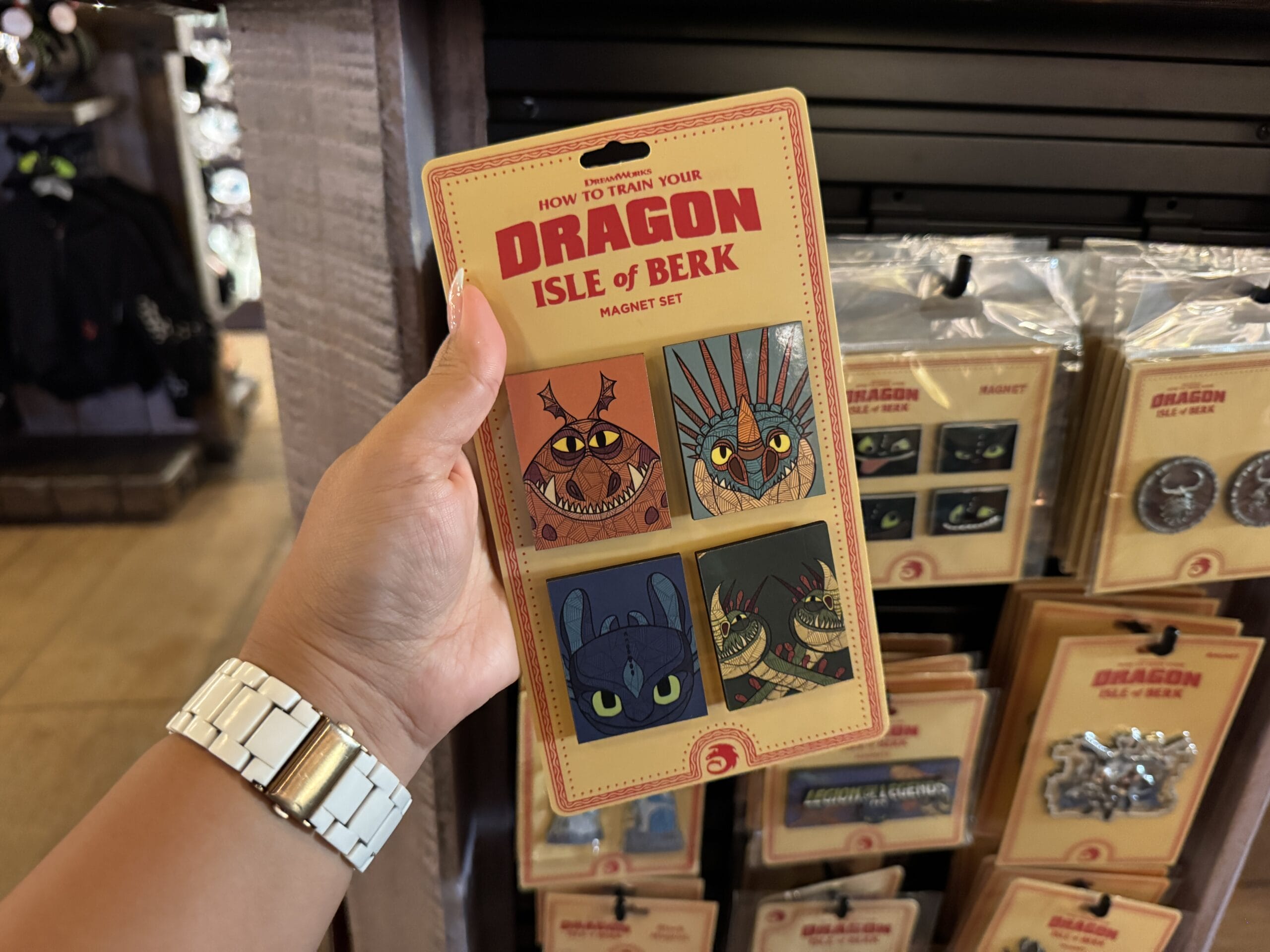 A hand holds a Hiccup's Work Shop “How to Train Your Dragon” Isle of Berk magnet set with four dragon faces.