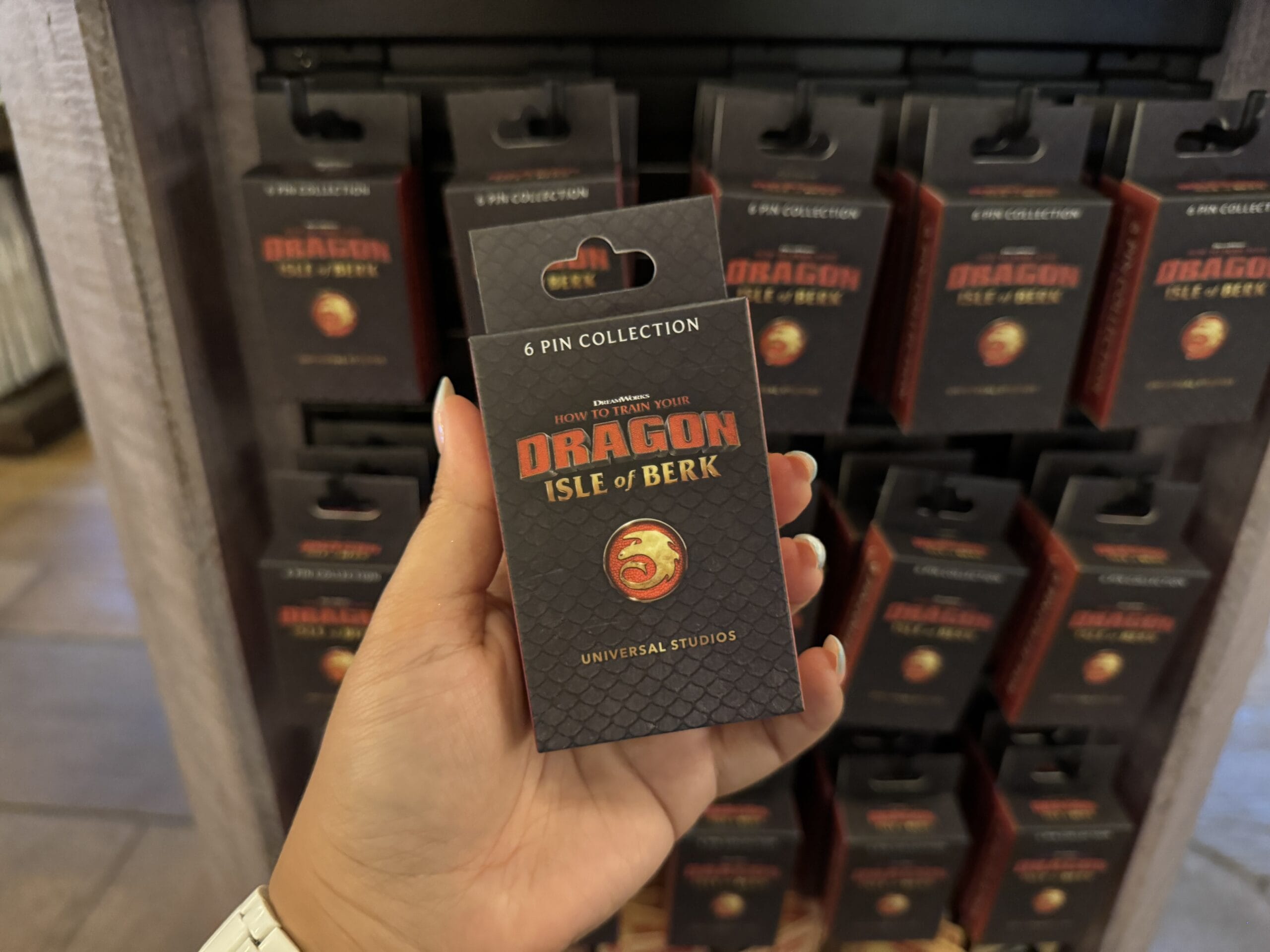 Hand holding a "How to Train Your Dragon: Isle of Berk" pin set at Hiccup's Work Shop in a Universal Studios store display.