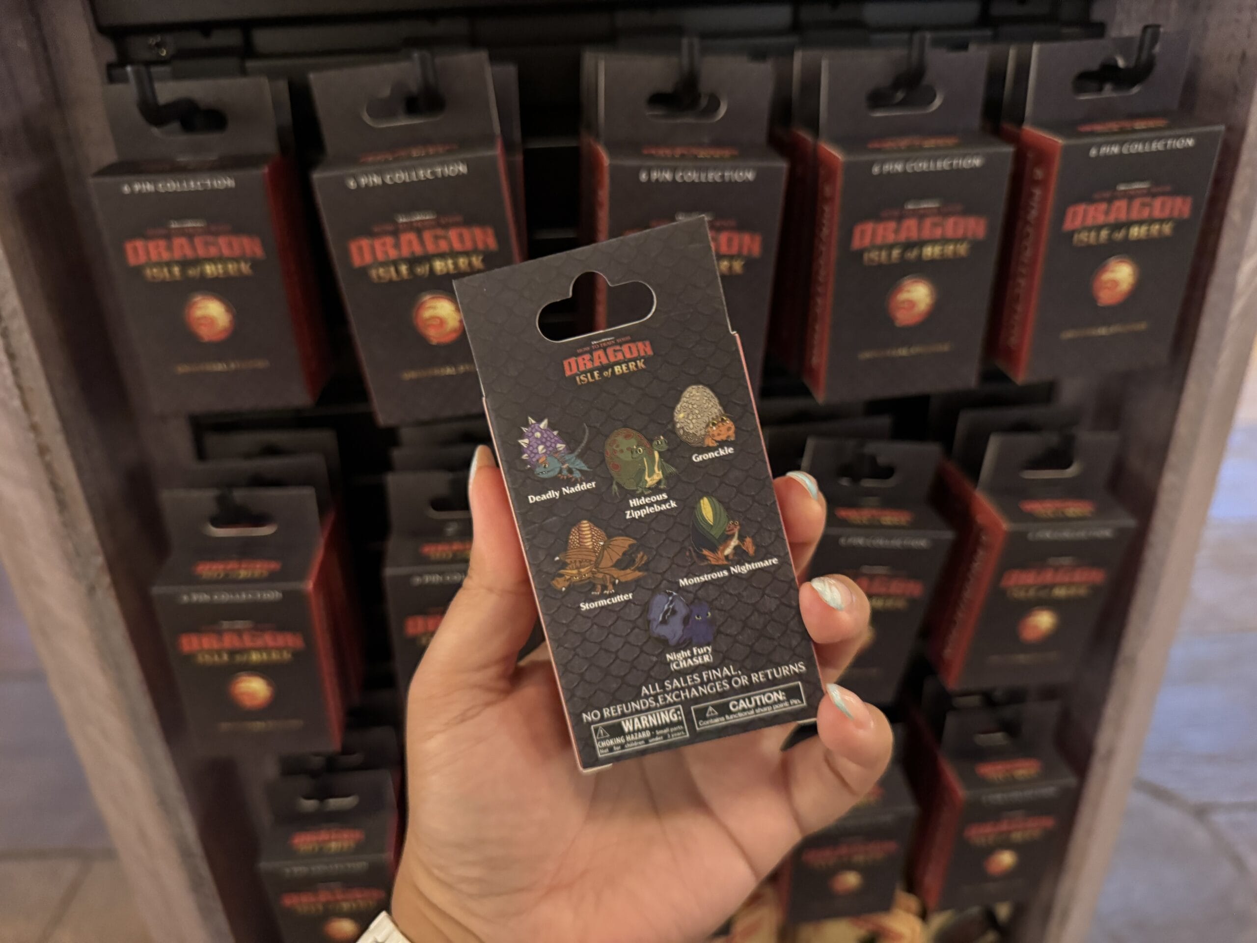 A hand holds a pack of Hiccup's Work Shop Dragon Isle of Berk collectible pins before a display of similar packs.