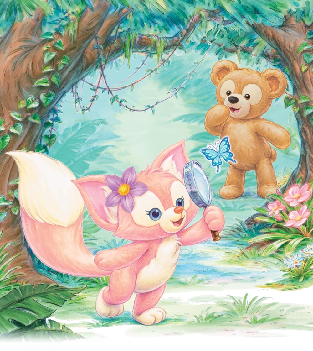 LinaBell with a magnifying glass chases a blue butterfly as Duffy the Disney Bear watches in a lush, colorful forest.