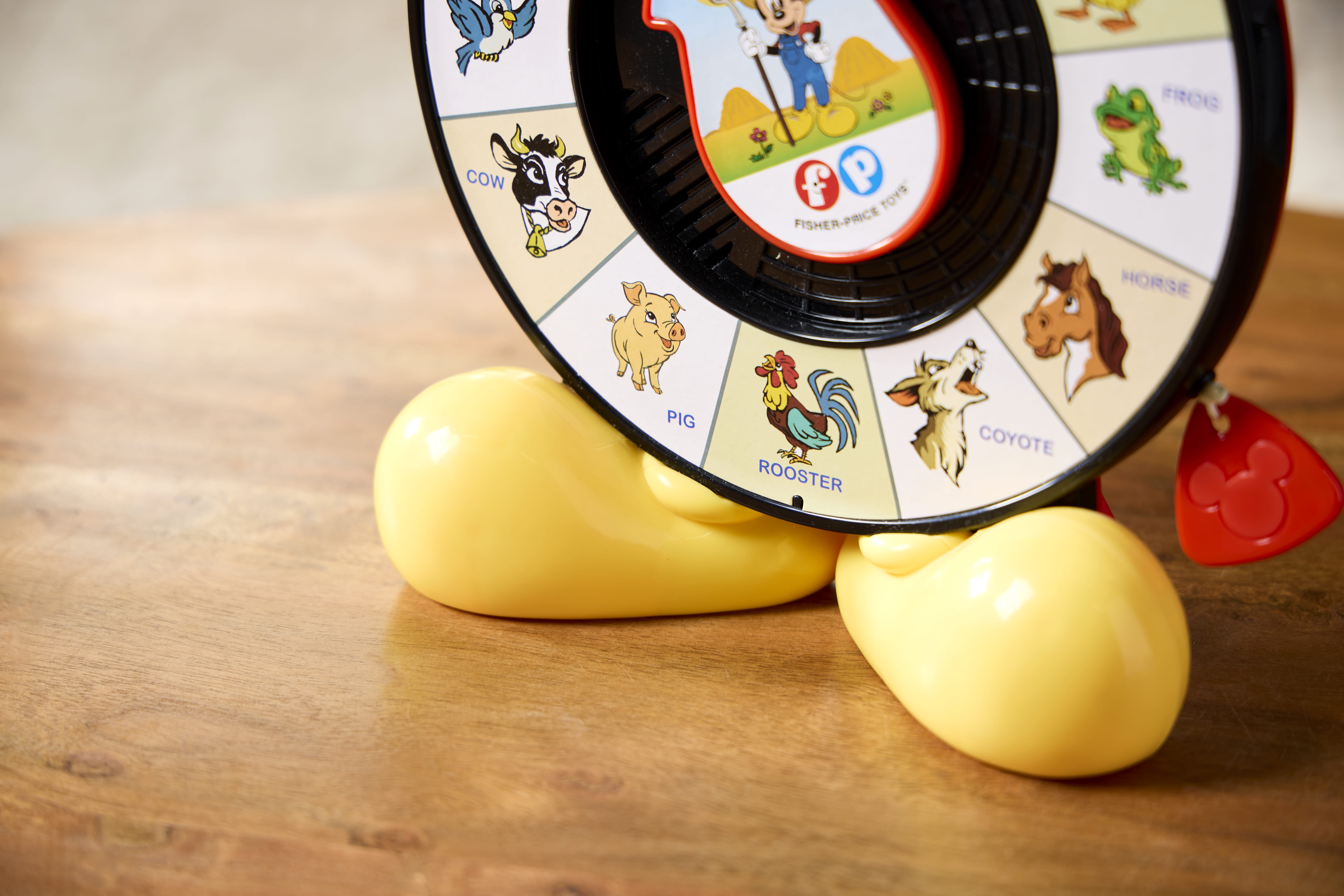 Close-up of a classic Retro Fisher Price toy See ‘n Say showing animal pictures and names on a wooden surface.
