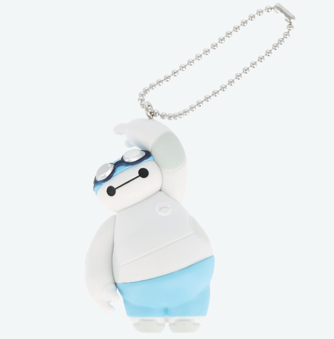 Keychain of a white robot in blue shorts and goggles, inspired by Baymax Capsule Toys from Tokyo Disney Resort.