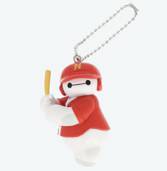Baymax Capsule Toys keychain: a white robot in a red baseball uniform, helmet “N,” from Tokyo Disney Resort.