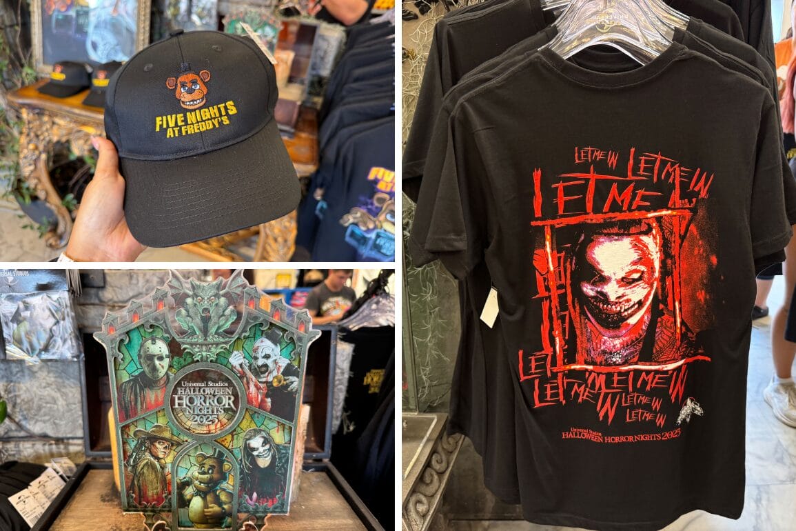 Collage of Wyatt Sicks merchandise, Five Nights at Freddy's hat, and Halloween Horror Nights 2023 souvenir display.