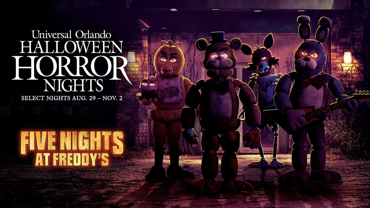 Four creepy animatronics from Five Nights at Freddy's lurk outside a haunted house at Halloween Horror Nights.