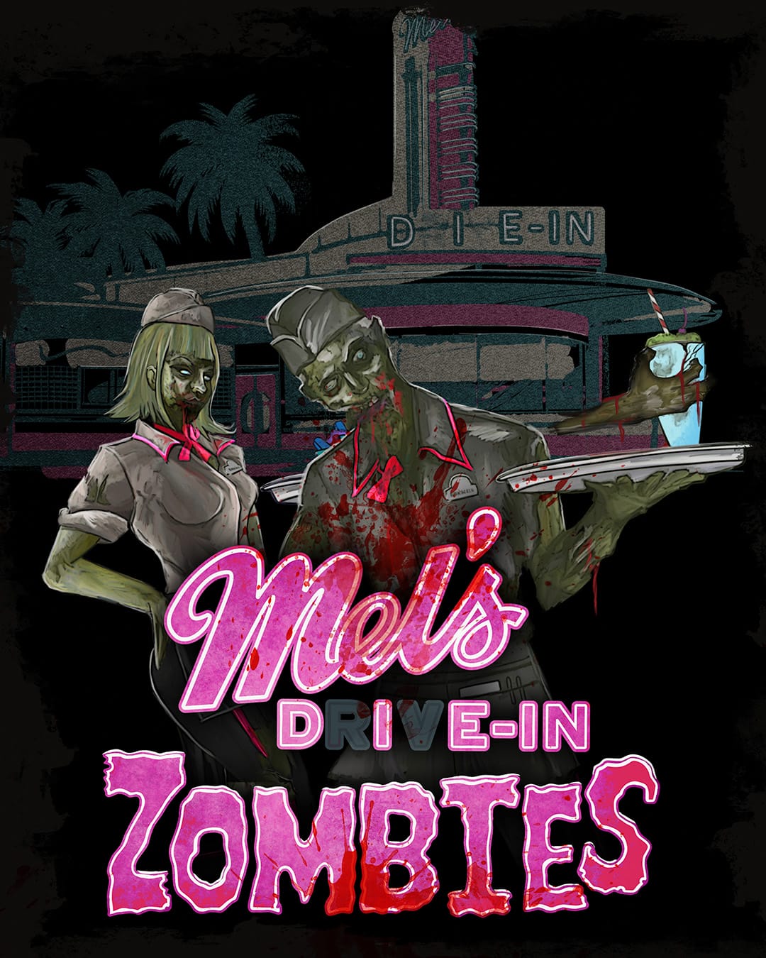 Art of two zombie diner staff stand in front of a neon-lit diner sign reading "Mel's Die-In Zombies" at night.