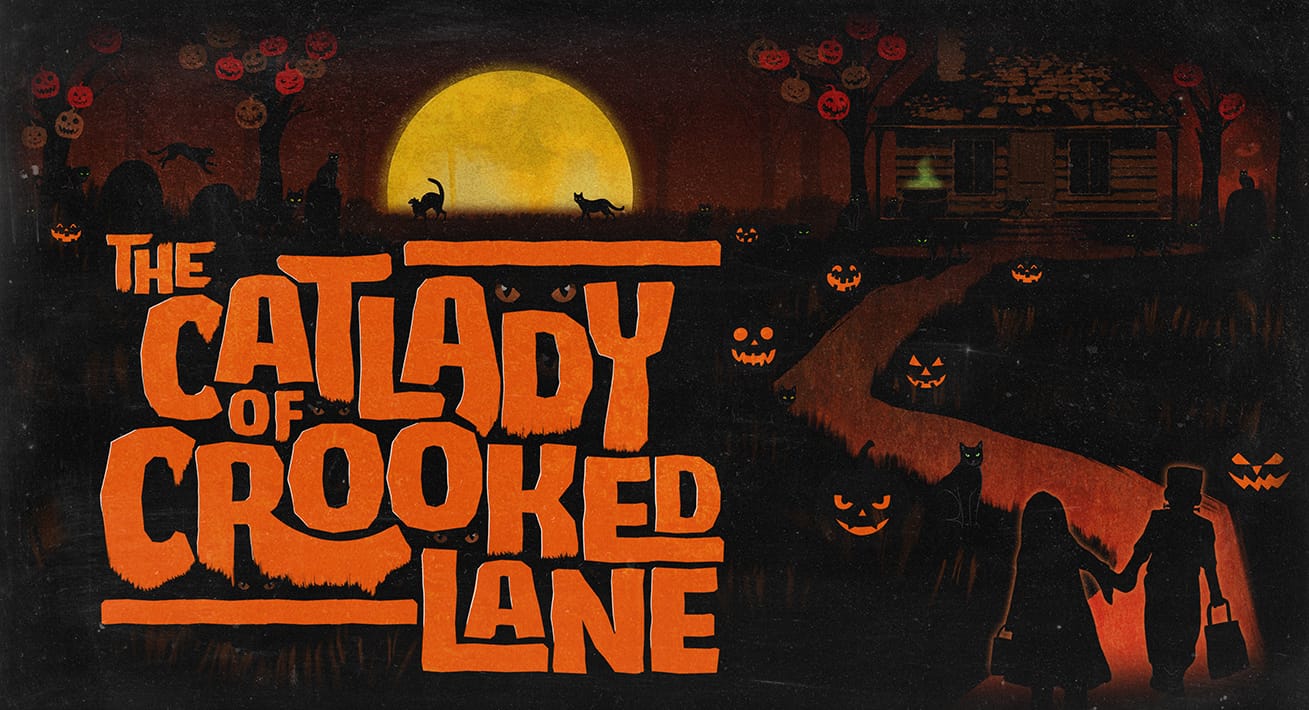 Spooky Halloween scene with cats, pumpkins, and figures; text reads "Cat Lady of Crooked Lane" Scare Zone.