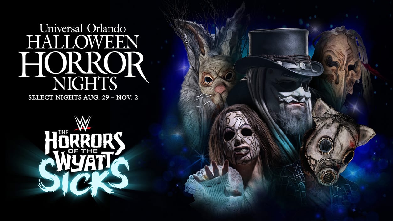 A group of eerie masked figures promote WWE’s The Horrors of the Wyatt Sicks at Universal Orlando Halloween Horror Nights.