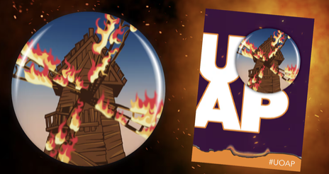 The Burning Blade Tavern appears on a button and is displayed on an orange and purple #UOAP card.